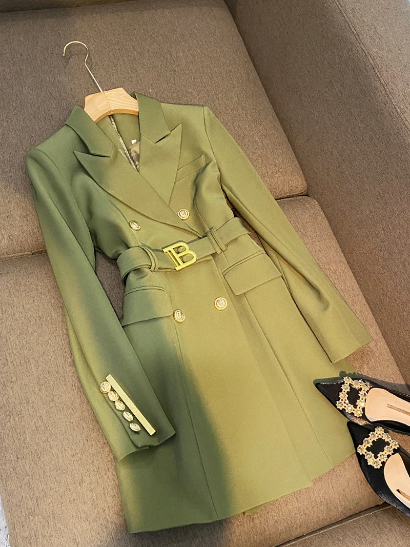 Elegant Double-breasted Long Sleeve Notched French Style Women Office Blazer Dress With Belt