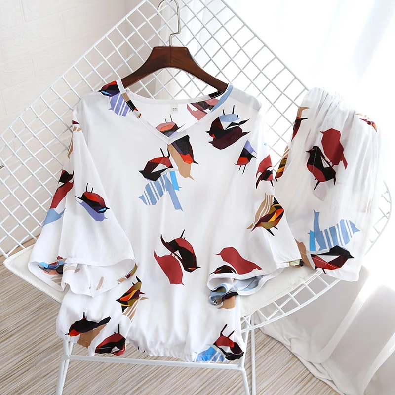 Summer Pajamas Set Women's Rayon Seven-point Sleeve Shorts Two-piece Set Fresh Can Wear Short-Sleeve Shorts Sports