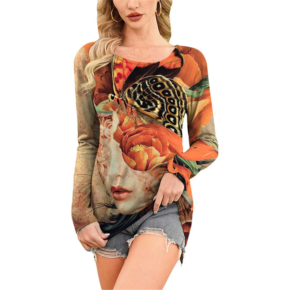 

Summer Versatile New Women T-shirt Portrait Beauty Character Print Long Loose Vintage Casual Round Neck Boho Black Shirts Femme
