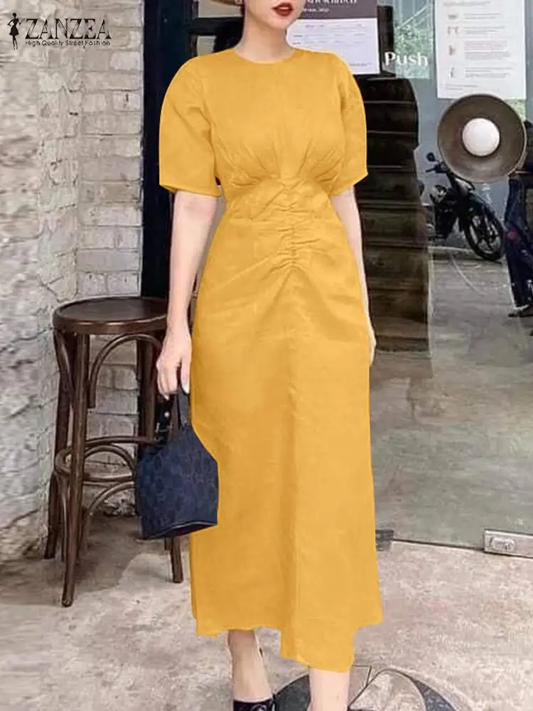 

Лето 2023, элегантный офисный сарафан ZANZEA с коротким рукавом, женское модное однотонное плиссированное платье до середины икры, женское платье, женское платье