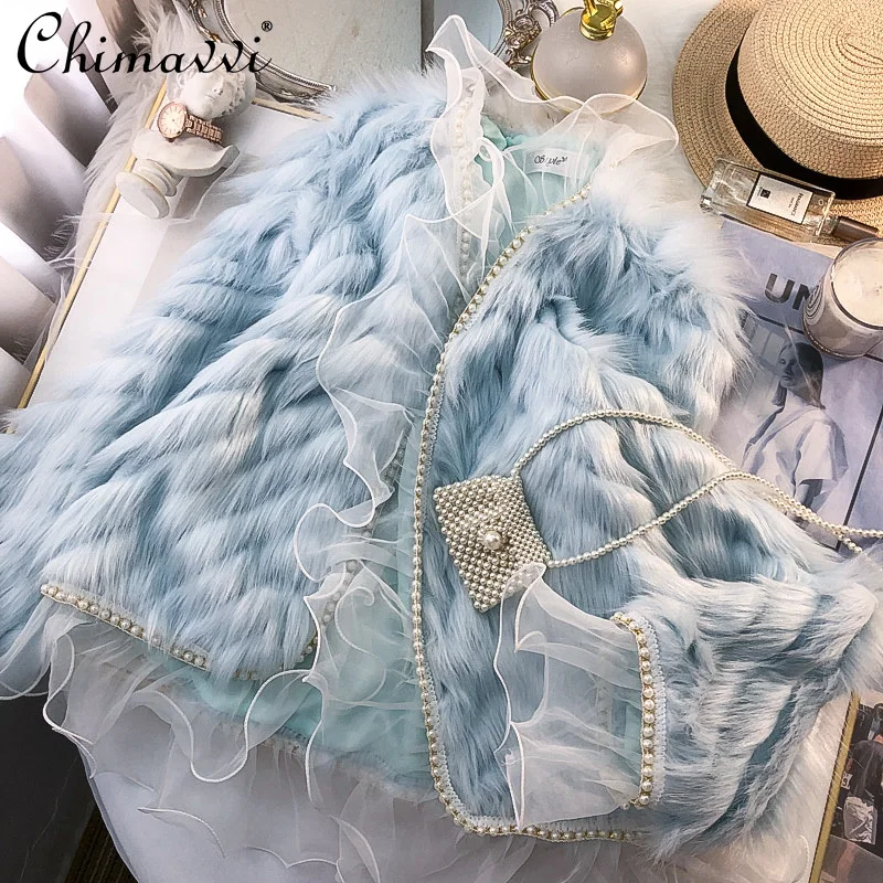 French Luxury Beaded Fox Fur Velvet Coat Female 2022 New Winter Clothes Fashion Imitation Fur Thick Long Sleeve Warm Jacket