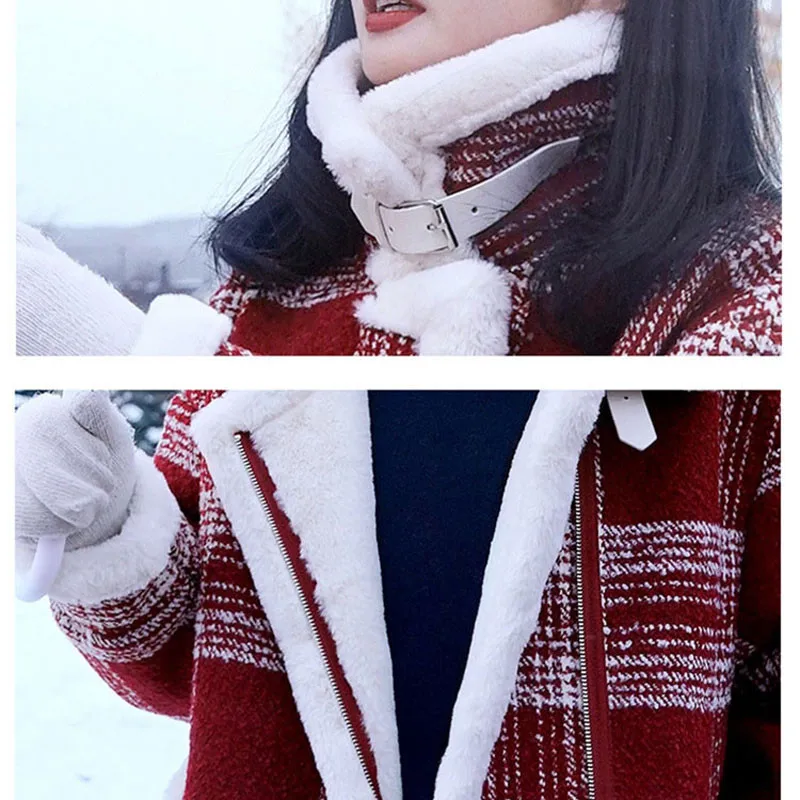 Black Stitching Plaid  Velvet Lapel Winter Clothing Short Fashion Faux Fur Coat Women's Cotton Jacket Woolen Coats Thicker