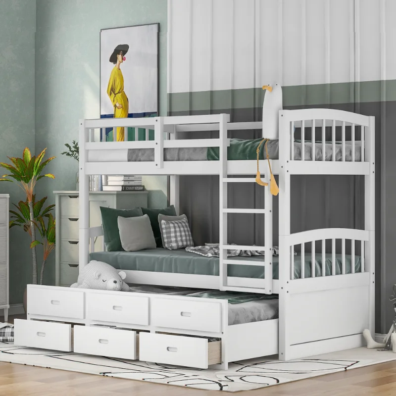 

Twin Over Twin Wood Bunk Bed with Trundle and Drawers\ White White Pine [US Stock]