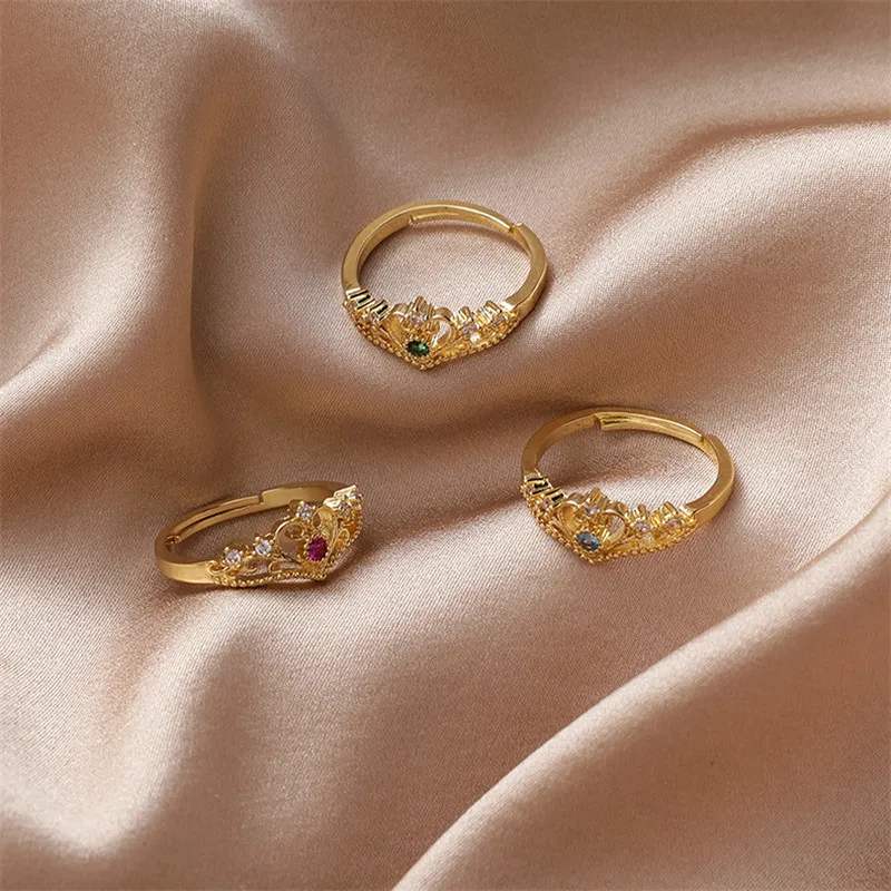 

Fashion Retro Crystal Crown Heart Gold Rings Women Adjustable Knuckle Rings Jewelry Accessories Wholesale