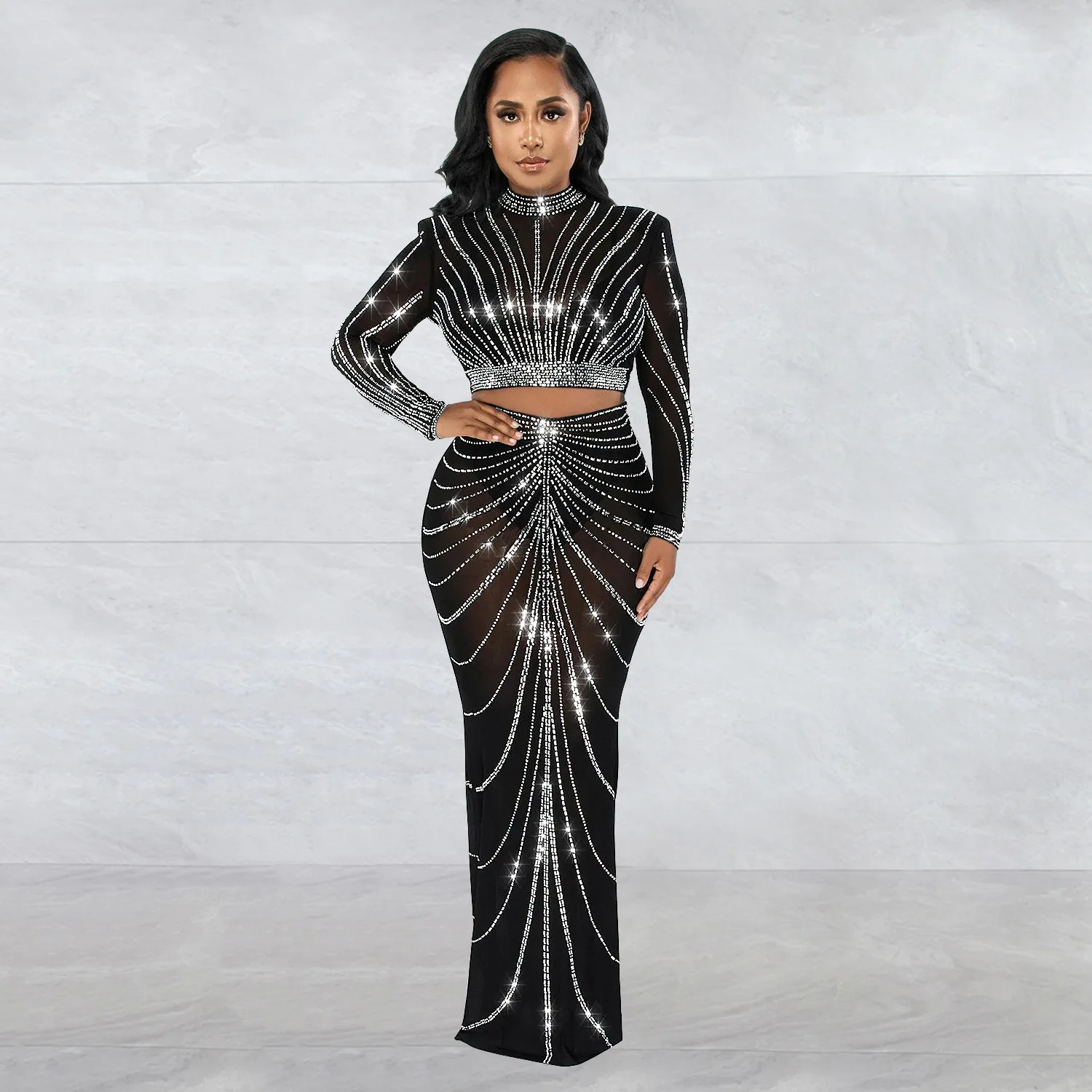 

Sexy Club Two Piece Sets Womens Outifits 2023 Long Sleeve Mesh Maxi Bodycon Elegant Party Sparkly Rhinestone For Birthday Dress