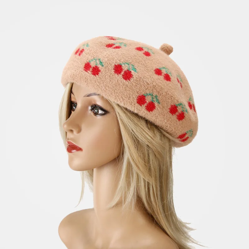 

Women Beret Cherry Pattern Hat Autumn and Winter Wool Hat Winter Street Fashion Painter Hat