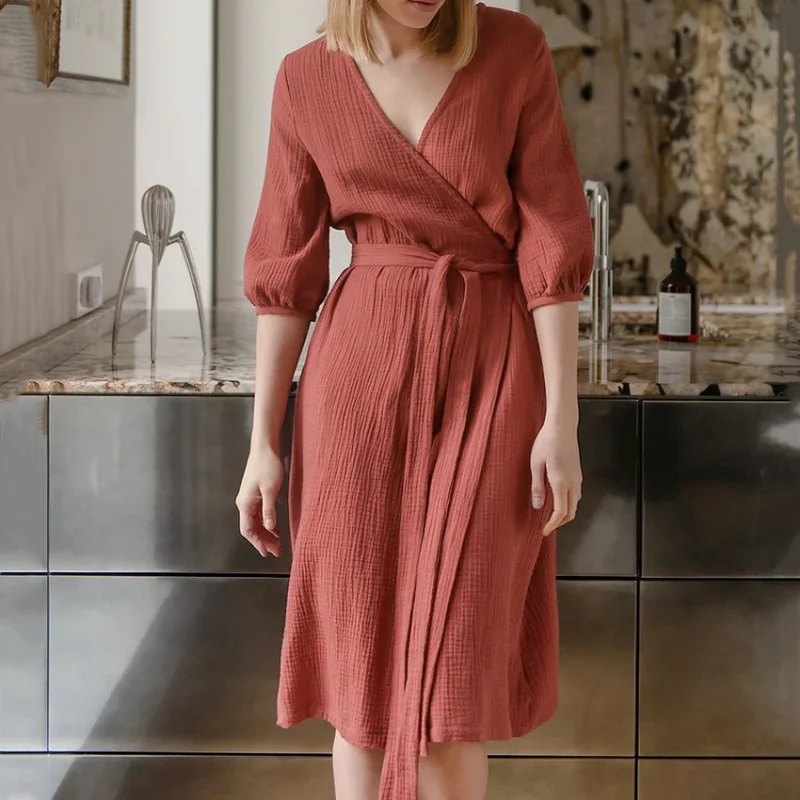 Women's Robe Pajamas Simple Loose Comfortable Bride Nightgown Five Quarter Puff Sleeves Cotton Solid Color Women's Sleepwear