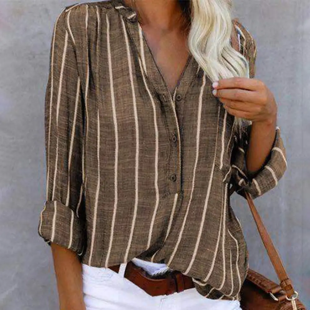 

Single Breasted Striped Women Shirt Soft Button Down Lightweight Sweat Absorbing V-Neck Loose Shirt Female Clothing