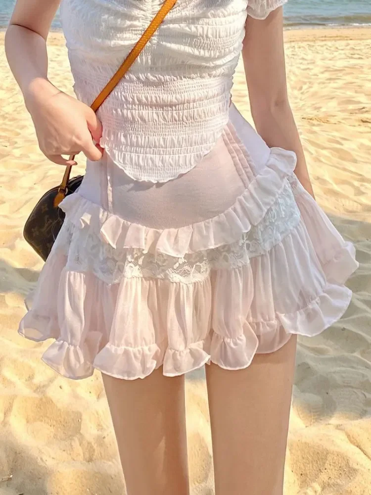 

Pink Japanese Kawaii Sweet Mini Skirt Women Lace Korean Style Cute Skirt Female Slim College Style Lolita Fairy Skirts 2024 New