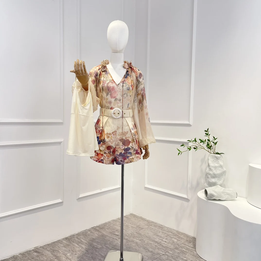 

High Quality Linen Silk Vintage Beige 2023 New Summer Floral Print Lantern Sleeve Appliques Blouse and Belt Shorts Woman Set
