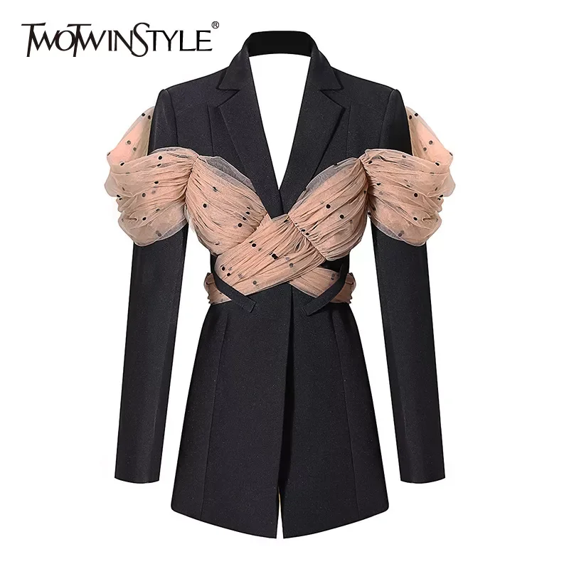 

TWOTWINSTYLE Casual Patchwork Dot Mesh Blazer For Women Notched Long Sleeve Backless Blazers Female Fashion New Clothing 2020