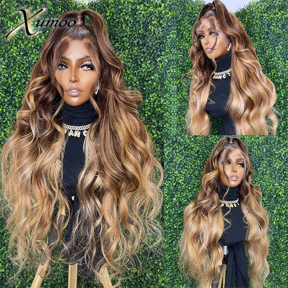 Xumoo Ombre Blonde Color 13x6 Lace Front Wigs Brown For Women Indian Remy Human Hair Body Wave Wig With Pre Plucked Hairline