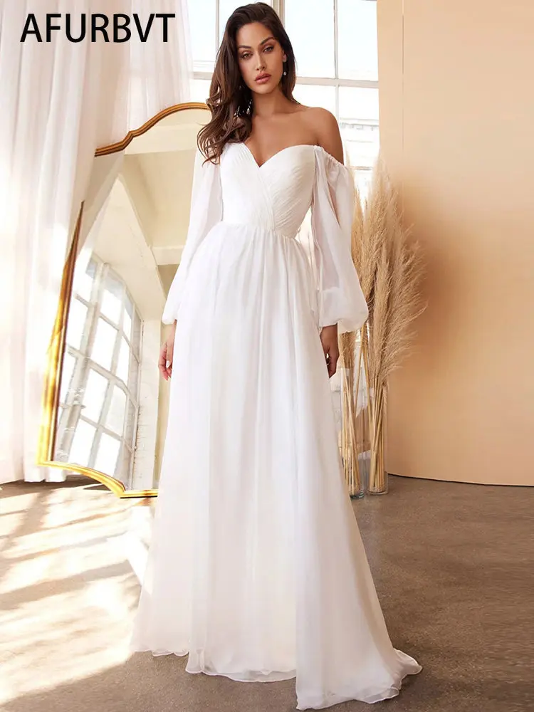 

Белое однотонное Тюлевое платье для выпускного вечера с открытыми плечами и длинными рукавами-фонариками, женское вечернее платье 2023, женское свадебное платье макси в арабском стиле, женское платье