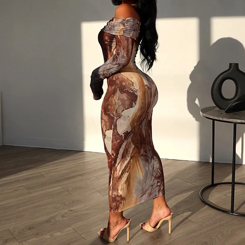 Женское облегающее длинное платье с принтом элегантное вечернее открытыми