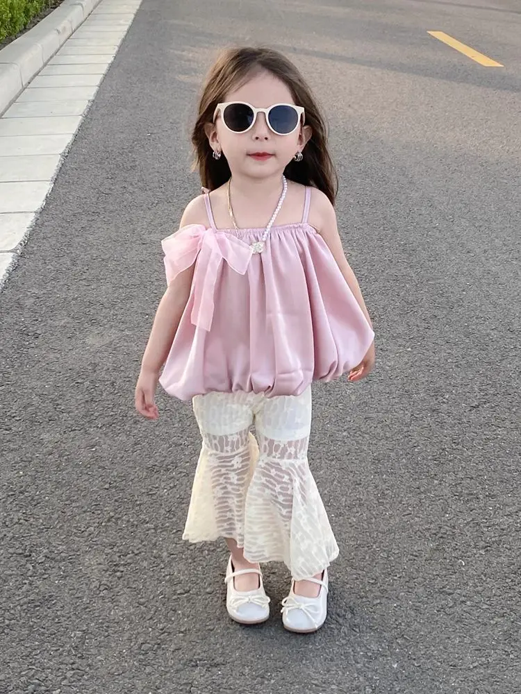 

Retail 2023 New Baby Girls Summer Fashion Korea Sets, Pink Top+ White Lace Pants Princess Sweet Suits 2-7T