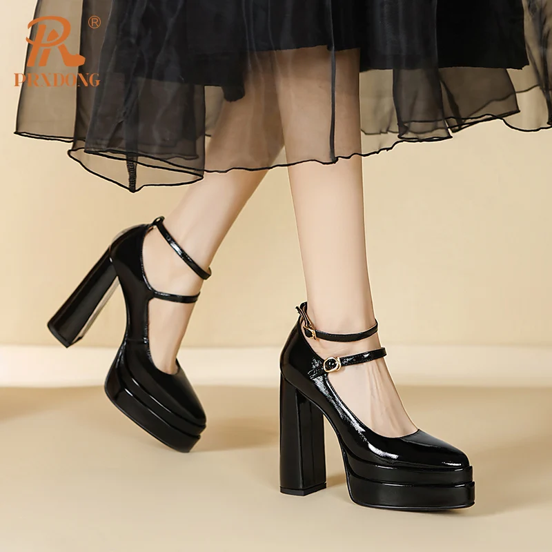 Женские туфли-лодочки с ремешком на щиколотке PRXDONG бежевые или черные толстой