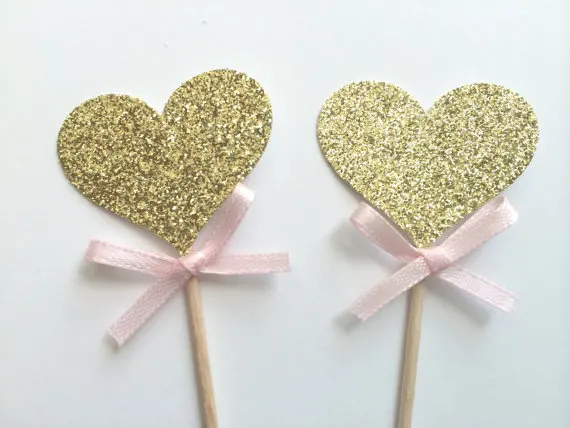 

40pcs Gold Glitter Heart Cupcake Toppers with Pink Bow. Food Pick, Sandwich Pick Birthday Party Decor Pink Gold Party