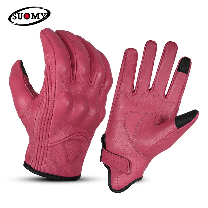 

Кожаные перчатки для езды на мотоцикле, Нескользящие летние перчатки из овечьей кожи, для сенсорных экранов, в ретро стиле, дышащие, розовые