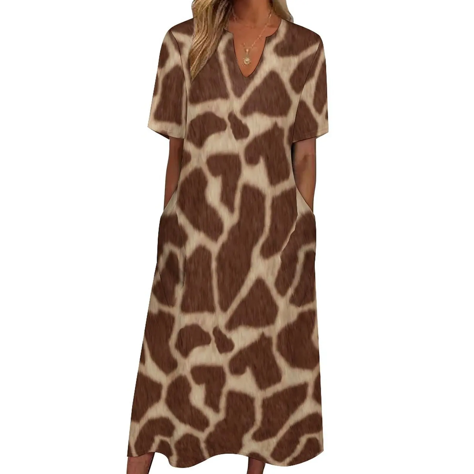 

Giraffe Print Dress Brown Animal Sexy Maxi Dress Aesthetic Casual Long Dresses Womens V Neck Graphic Oversized Vestido