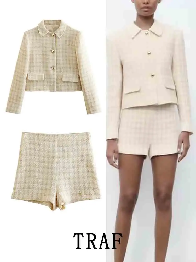 

TRAF Women's Short Set Woman 2 Pieces Suit 2023 New Fashion Gold Button Plaid Blazers Shorts Two Piece Sets Womens Outfits