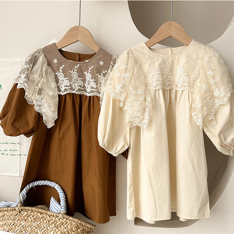 

Spring Autumn Girls Clothing Cute Solid Children Dresses Kids Baby Girl Cotton Lace Linen Fairy Dress Long Sleeve Skirt