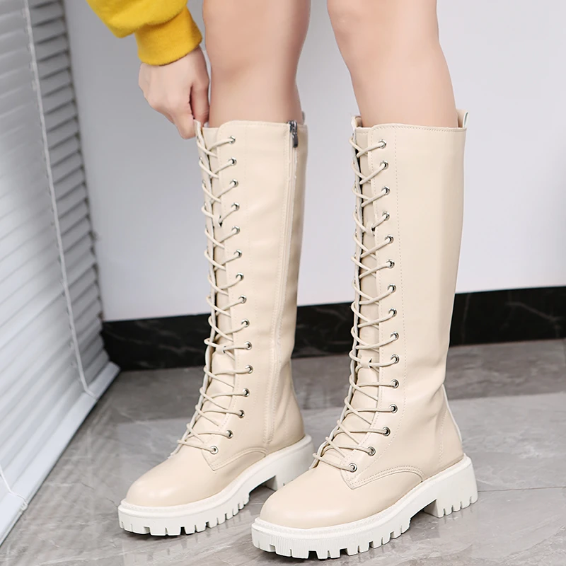 

Chunky Platform Pu Leather Knee High Boots Women Punk Increasing Long Female Lace Up Booties Mujer 2022 Zip Chelsea Women Shoes
