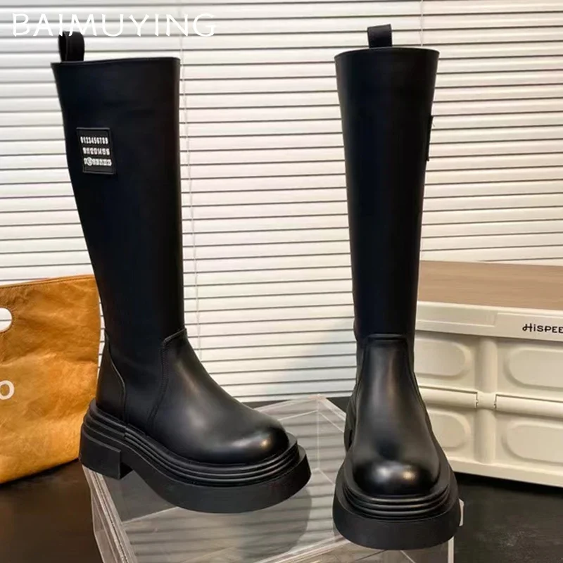 Женские высокие сапоги на платформе модная обувь среднем каблуке кожаные до