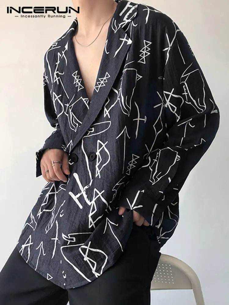 

Fashion Men Printed Shirt Lapel Long Sleeve Button Loose Camisa Masculina Korean Streetwear Casual Men Clothing S-3XL INCERUN