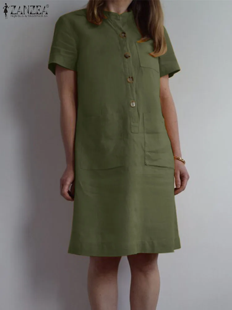 

Платье ZANZEA женское с коротким рукавом, модный элегантный Однотонный сарафан, Повседневное платье до колен, на пуговицах, с карманами, для работы, на лето