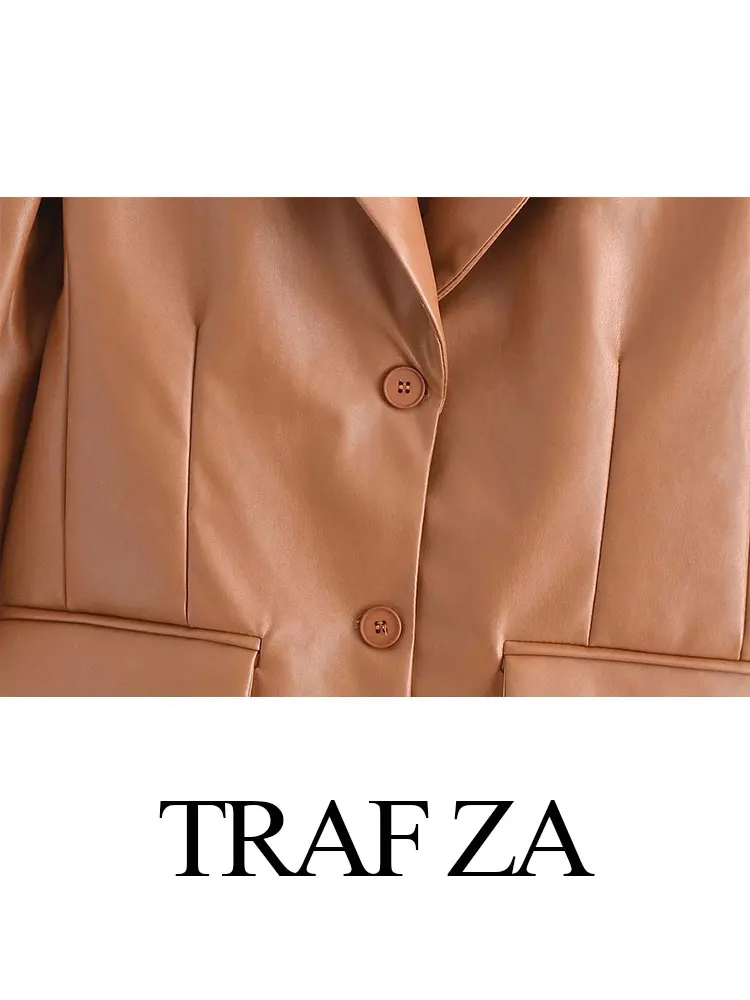 TRAF ZA Women's Fashion Pu Leather Jacket Solid Vintage Long Sleeve Blazer Coats Pocket Casual Loose Chic Female Streetwear