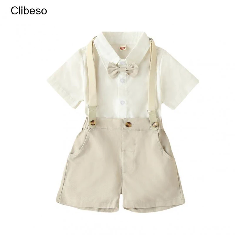 

2023 Clibeso Summer Outdoor Clothes for Children Baby Boys Korean Fashion White Blouse and Suspender Pants Kids British Suits