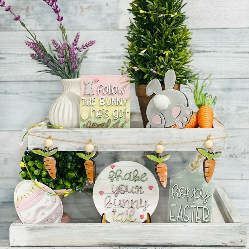 

6 Pieces Tiered Tray Decor Farmhouse Mini Wood Signs Decorations for Rabbit Style Easter Ceremony Home Decor