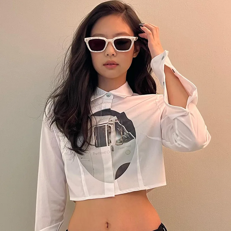 

2023 Women's Tops with The Same Print Short White Shirts Sexy Cropped Navel Outer Wear Long-sleeved Tops