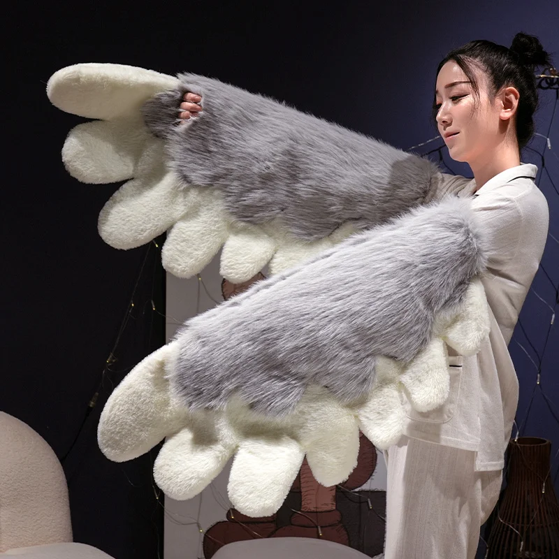 Фото Kawaii плюшевые пушистые перчатки с кошачьими когтями, крылья птицы, искусственный мех, варежки с лисьими лапами для Хэллоуина, аксессуары для косплея, перчатки №2