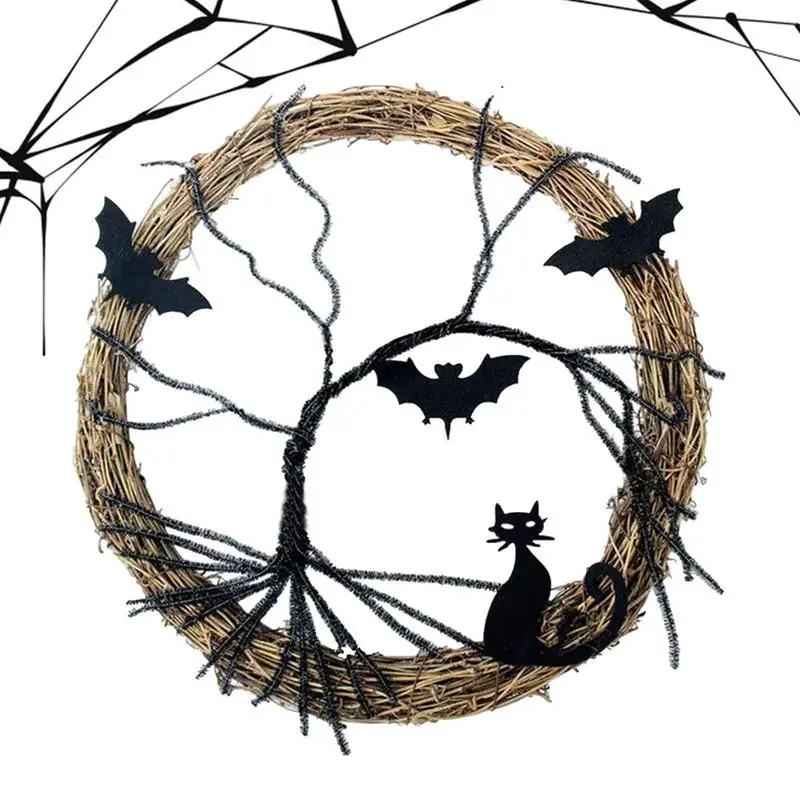 

Венок на Хэллоуин с подсветкой, 11,8 дюймов, искусственный венок на Хэллоуин со светодиодный ными лампочками, украшение в виде кошки летучая м...