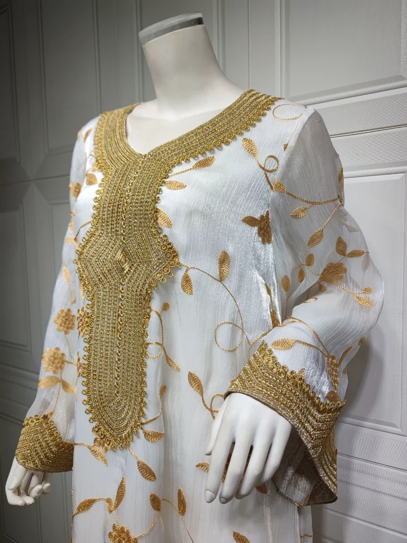 White Kaftan Arabic Evening Long Dress Women Golden Embroidered Muslim Moroccan Party Caftan Gulf Jalabiya Wedding Dubai Abaya