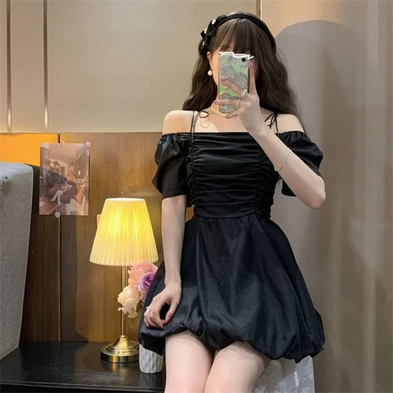 

Women's Tunic Short Puff Sleeve Dress Cheap Casual Dresses for Women 2023 White Off Shoulder Black Loose Fashion Korean Cute New