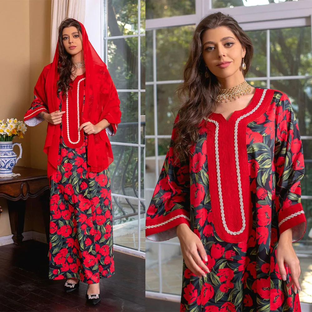 Vintage Floral Printed Muslim Abaya for Women Moroccan Jalabiya Ramadan Hijab Dress Set Diamonds Kaftan Dubai Luxury Modest Robe