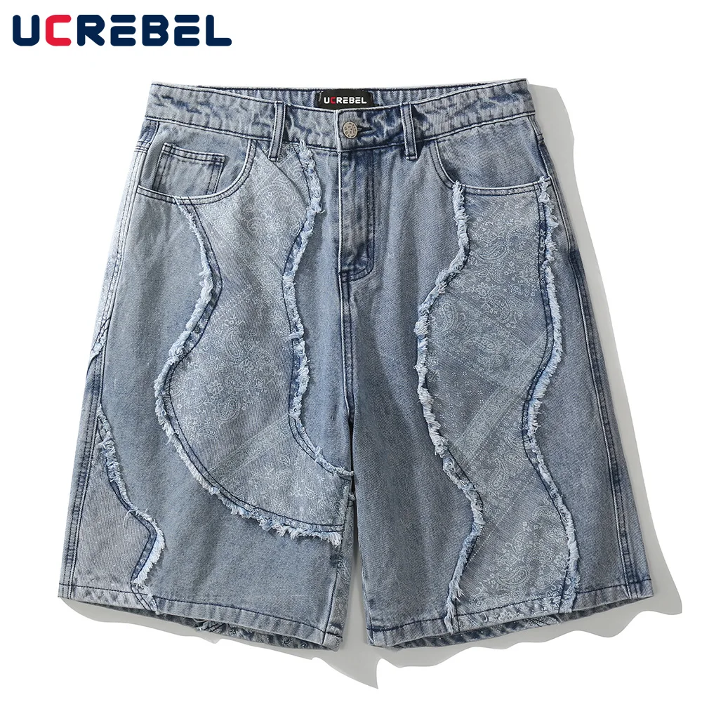 

Patch Denim Shorts Mens High Street Raw Edge Knee-length Shorts Summer Streetwear Loose Bermuda Shorts Short Jeans Men