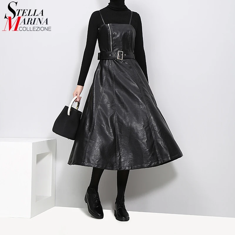 

England Style Woman Faux Leather Black Midi Sexy Sleeveless PU Dress Belt A-Line Spaghetti Strap Elegant Party Dress Robe 3014