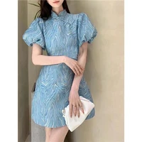 cheongsam tea break french design sense niche bubble sleeve dress female spring and summer 2022 new harajuku dress