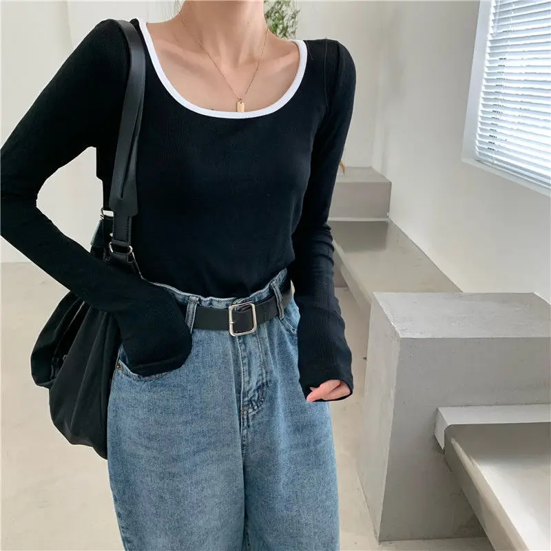 

Patchwork Woman T-shirts Slim Y2k Long Sleeve Korean Style Female T Shirt Women Fashion Basic Tshirt O Neck Autumn Top Tee 2022