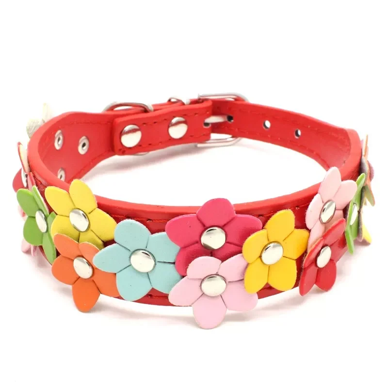 

2023NEW Colors PU Leather Dog Collar Cute Adorable Flowers Puppy Cat Collars Double Row Studded Floral Pets Necklace Collars Chi