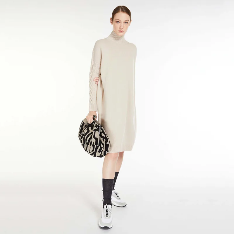 

Women's first cut wool knitted dress simple design sense loose half high neck long sleeve dress 2022 autumn and winter new