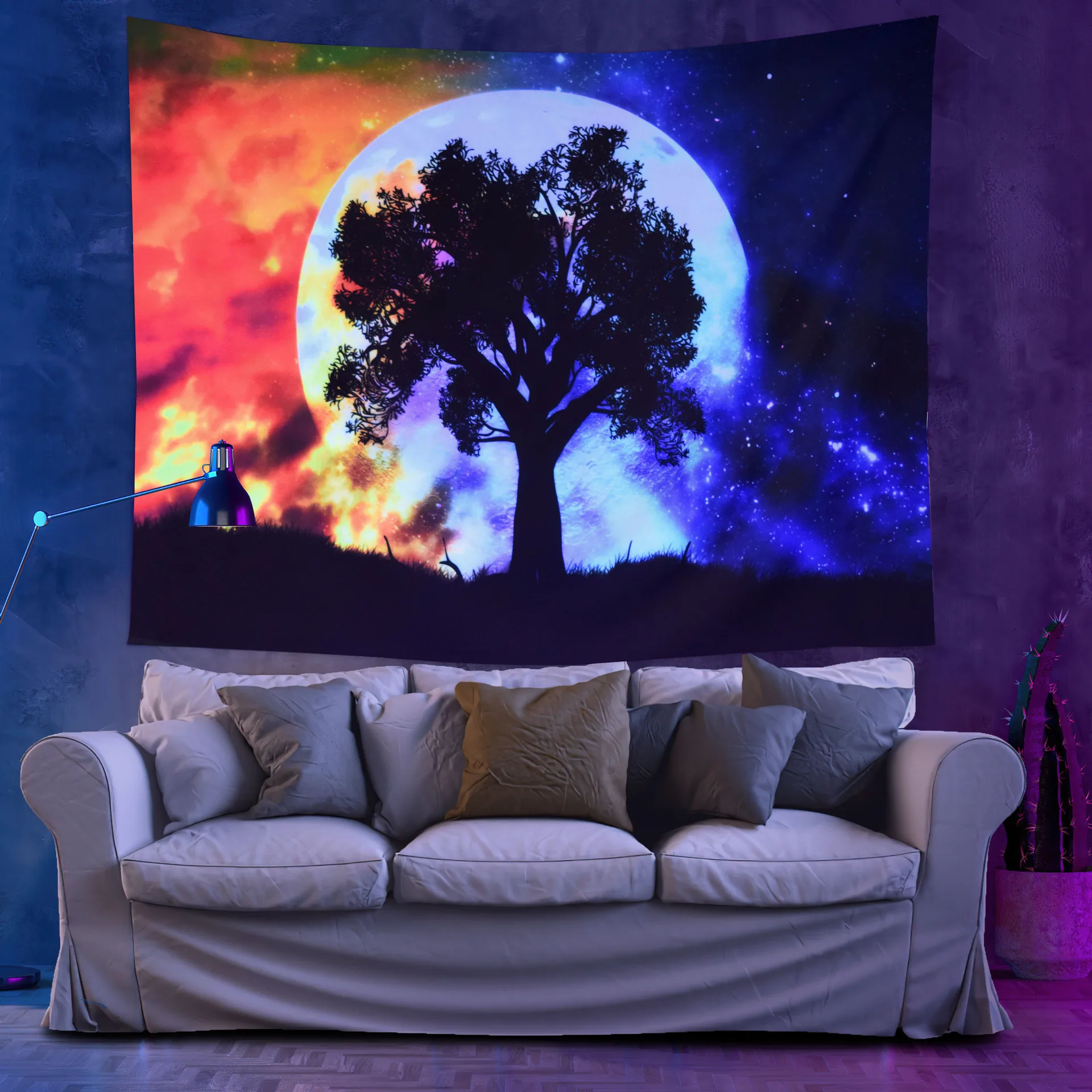 Темно-Синий флуоресцентный черный гобелен Волк тигр лев Сова художественный