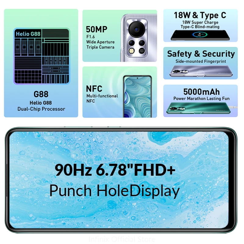 Смартфон глобальная версия Infinix HOT 11S NFC 4 + 64 ГБ 6 78 дюйма FHD Helio G88 задняя камера 50 МП