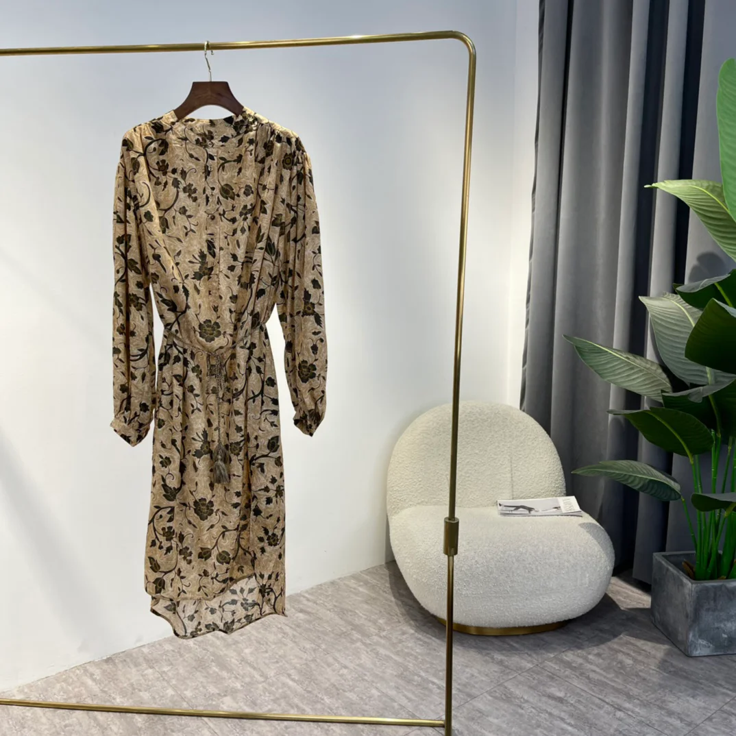 

Mid-calf Loose Dresses 2022 Spring Summer High Quality Vintage Black Floral Printing Khaki Long Sleeve Women Clothing