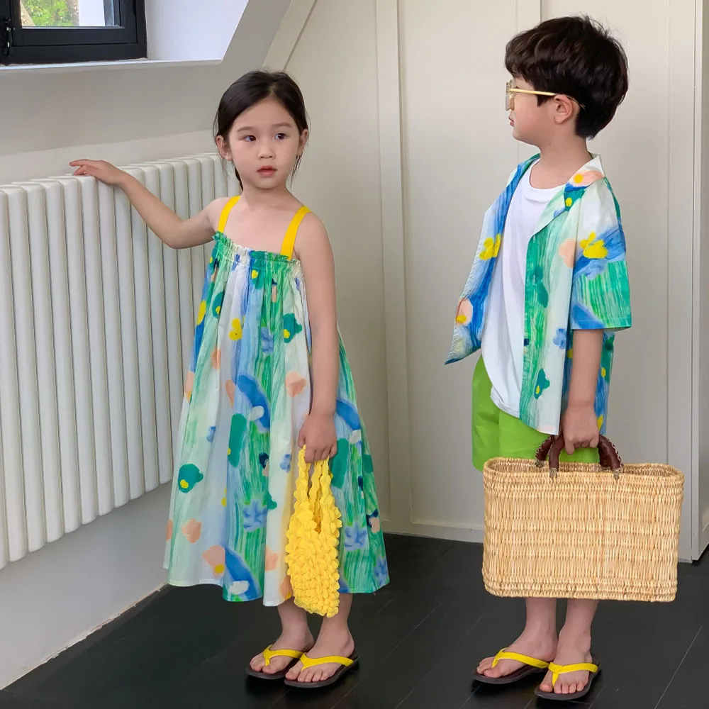 

Одежда Sibling для брата и сестры, наряды для отпуска, летняя одежда для мальчиков и девочек, детские пляжные рубашки, платья для маленьких девочек