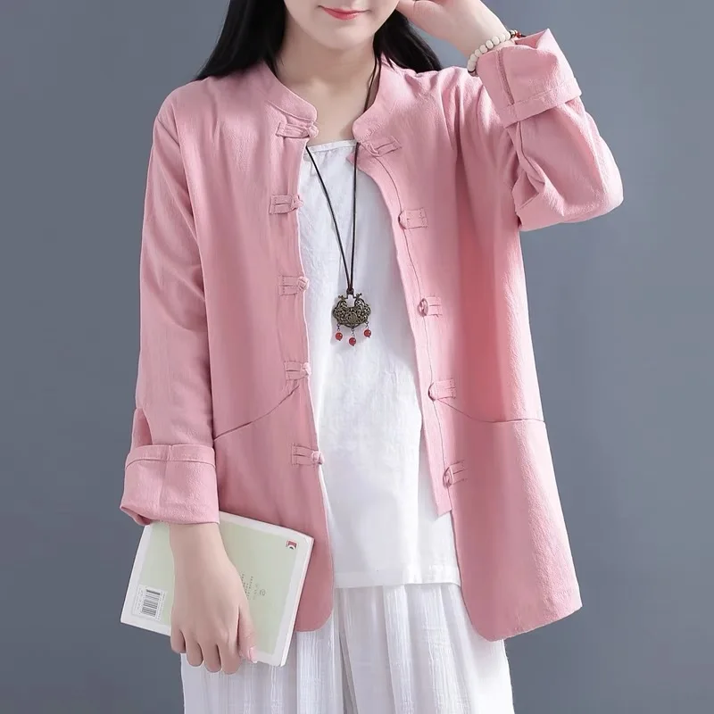 Хлопково-льняной кардиган в китайском стиле пальто на пуговицах топ с длинными