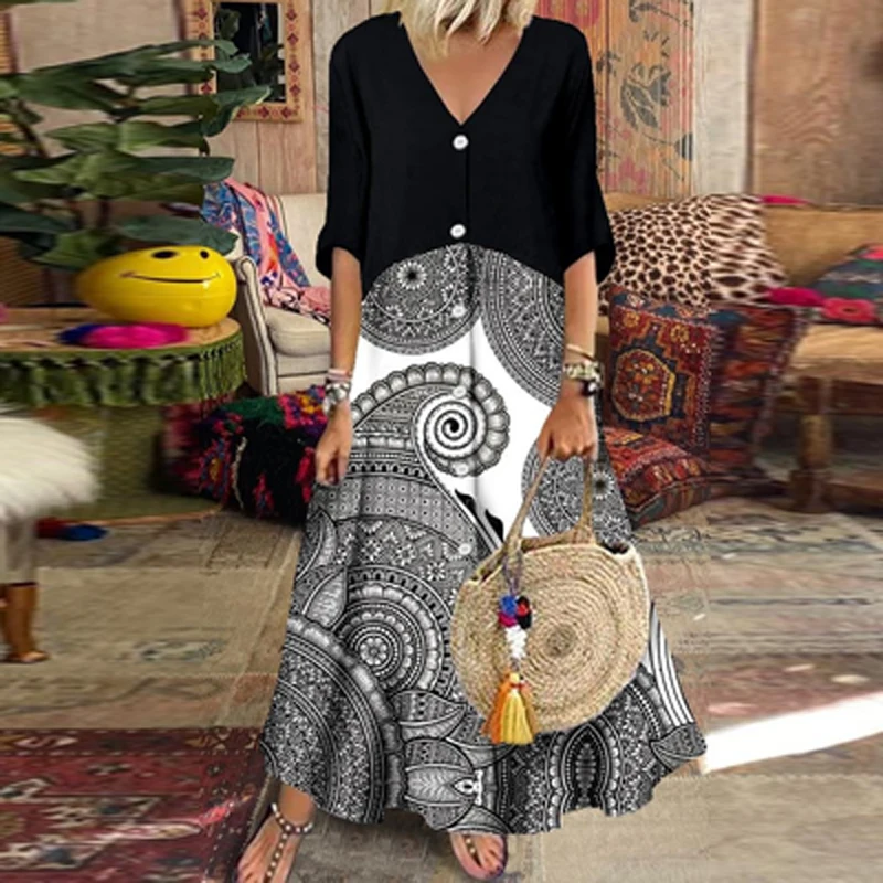 

Summer Retro Short Sleeve V-Neck Button Long Dress Fashion Pattern Print Patchwork Dress Ladies Casual Loose Office A-Line Dress